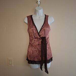 VTG Mauve Accordian Pleat Top With Brown Sheer Trim MED Whimsigoth Coquette Y2K
